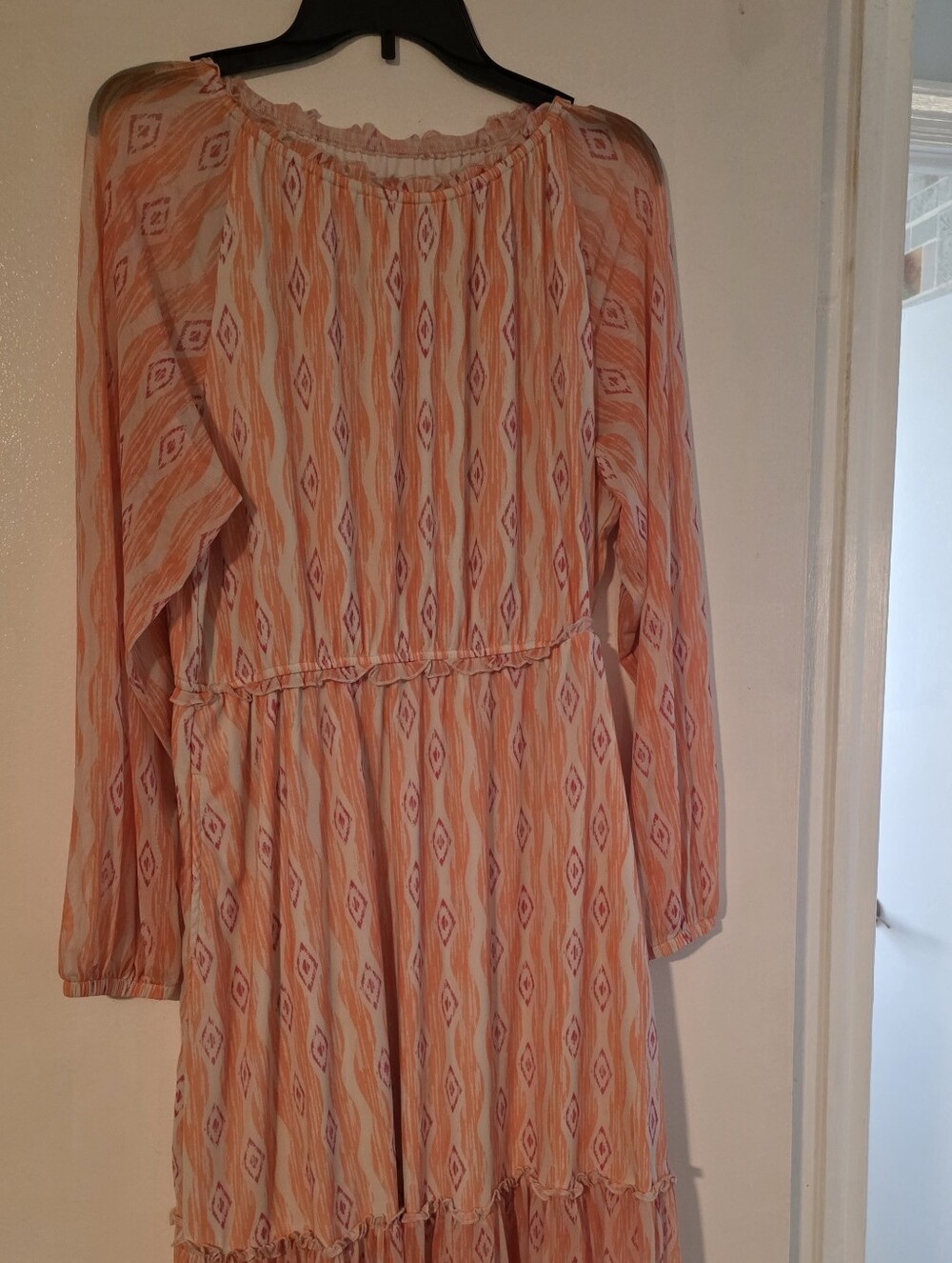 Peach Printed Tiered Midi Dress with Long Sleeves
